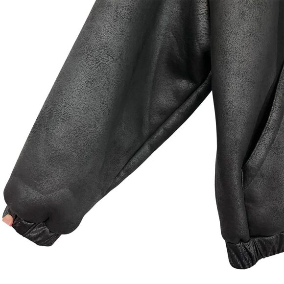 Urban Outfitters Casey Faux Suede Black Zip Up Hoodie Bomber Jacket M - Picture 5 of 10